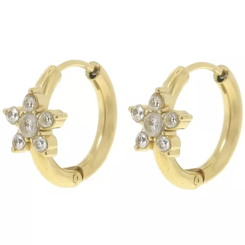 Pendientes de aro redondos de 16 mm con flor de óxido de circonio - Acero inoxidable 304L Dorado x2