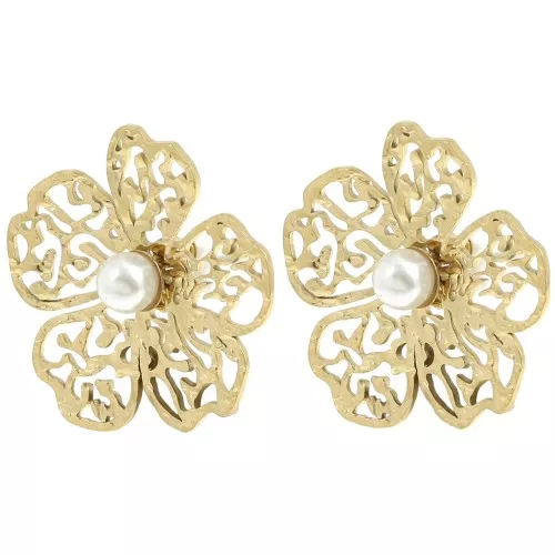 Pendientes flor filigrana 24x26mm imitación nácar - Acero inoxidable 304L Dorado x2