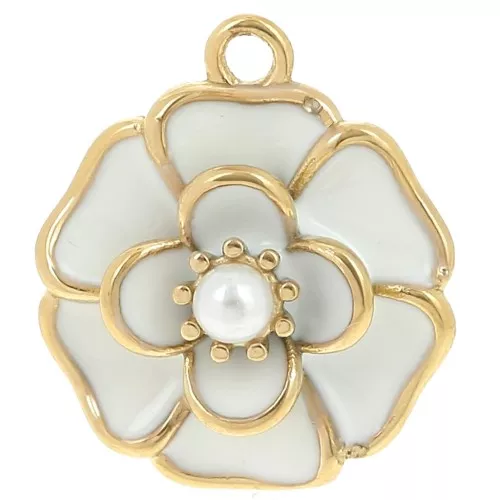 Colgante flor 20 mm con perla imitación nácar - Acero inoxidable 304L Dorado - Blanco x1