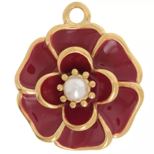 Colgante flor 20 mm con perla imitación nácar - Acero inoxidable 304L Dorado - Rojo x1