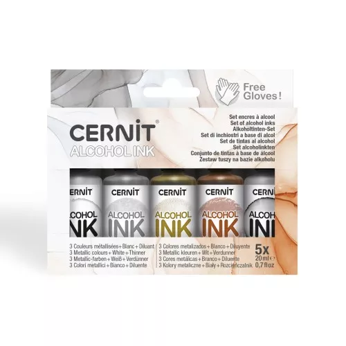 Juego de tintas de alcohol Cernit - Colores metálicos, blanco y diluyente x5