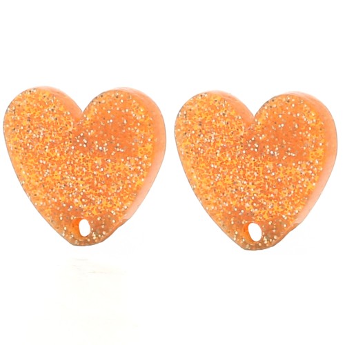 Tachuelas acrílicas corazón 14x15,5 mm - Naranja purpurina x2