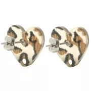 Pendientes Corazón 14x15.5 mm - Marrón Guepardo - Negro x2