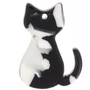 Pendentif chat 21x15 mm en acrylique - Ecaille de tortue - Noir - Blanc nacré x1