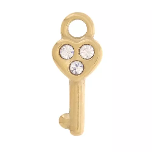 Breloque clef forme coeur 15x6mm avec strass - Acier inoxydable 304L Doré x1