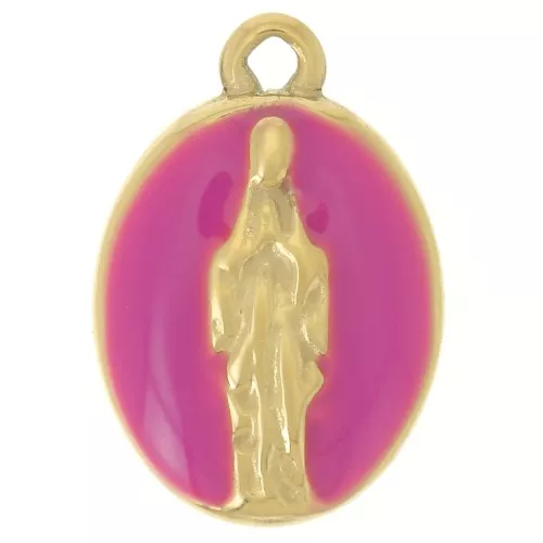 Breloque ovale 15x10 mm - motif religieux - Acier inoxydable 304L Doré - Fuchsia