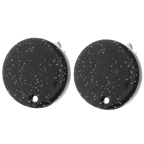 Ganchos pendientes acrílicos redondos de 15 mm - purpurina negra x2