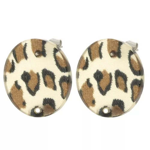 Ganchos pendientes acrílicos redondos de 20 mm - Marrón guepardo - Negro x2