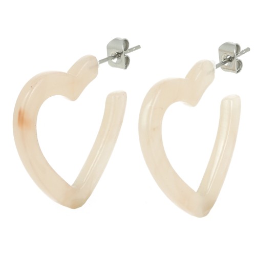 Pendientes de aro corazón acetato 26 mm - Beige jaspeado - crudo x2