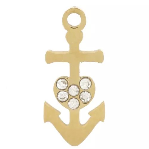 Dije ancla 12x5 mm con strass - Acero inoxidable 316L dorado x1