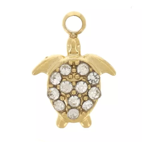 Mini dije 9x7 mm tortuga con diamantes de imitación - Acero inox 304L Dorado x1