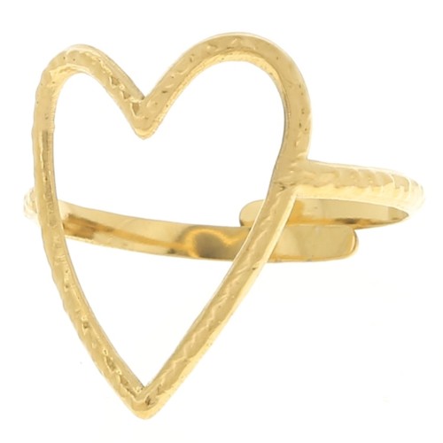 Anillo corazón martillado calado ajustable 19x15 mm - S. 52 a 58 - Acero inoxidable 304L Dorado