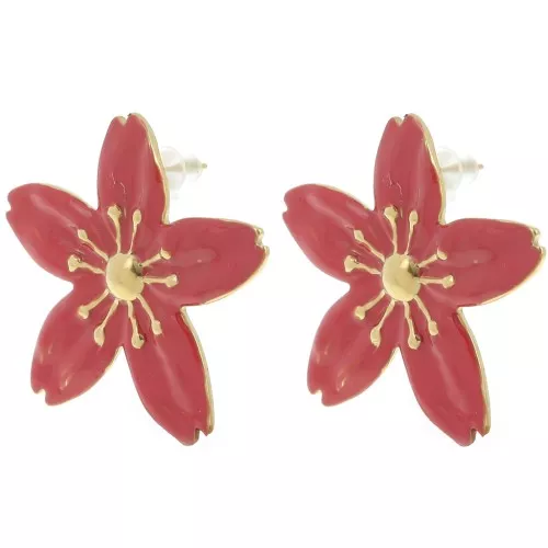 Pendientes Flor de Cerezo 31x33 mm - Acero inoxidable 304L Dorado - Rojo x2