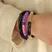 Cuenta tubo curva acrílica opaca 33x8mm - Perla jaspeada negra x6