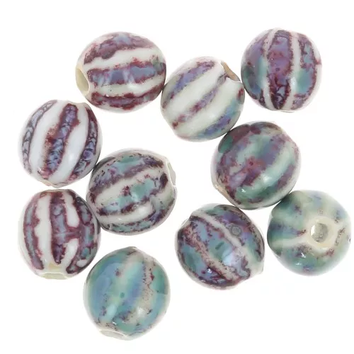 Cuentas de cerámica redondas estriadas 11 mm - Azul - Violeta - Beige jaspeado x10