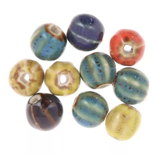 Cuentas redondas estriadas de cerámica 11 mm - Jaspeado multicolor x10