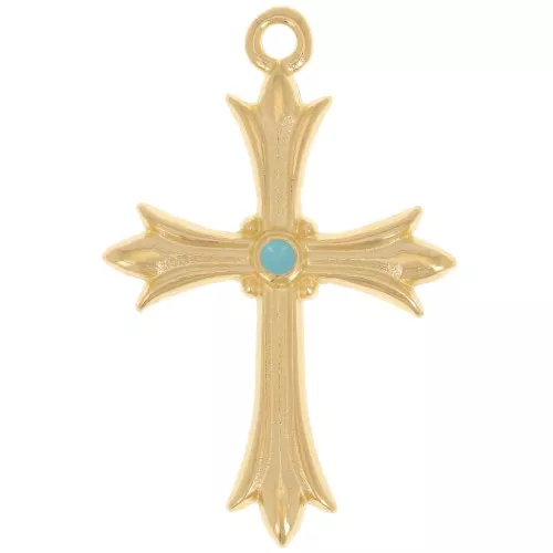Cruz colgante 30x20 mm con resina epoxi - Dorado con oro fino - Turquesa x1