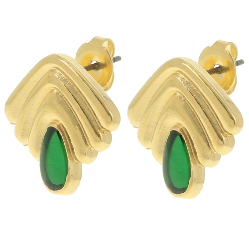 Pendientes vintage 18x18,5 mm con resina epoxi - Dorado con oro fino - Verde x2