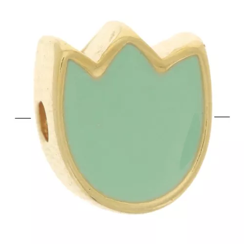 Cuenta flor tulipán 9x8 mm con resina epoxi - Dorado oro fino - Verde agua x1