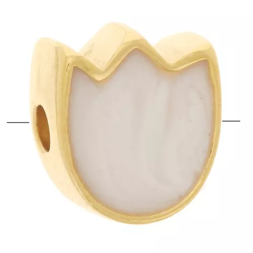 Cuenta flor tulipán 9x8 mm con resina epoxi - Dorado oro fino - Blanco nacarado x1