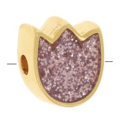 Cuenta flor tulipán 9x8 mm con resina epoxi - Dorado oro fino - Purpurina rosa x1