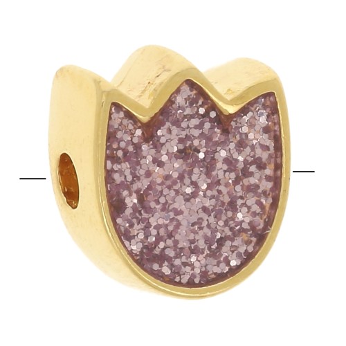 Cuenta flor tulipán 9x8 mm con resina epoxi - Dorado oro fino - Purpurina rosa x1