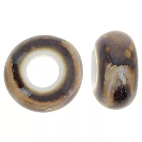 Cuentas redondas de cerámica con agujero grande 15x9 mm - Marrón jaspeado x5
