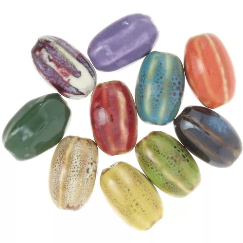 Cuentas ovaladas estriadas de cerámica 21x13 mm - Jaspeado multicolor x10