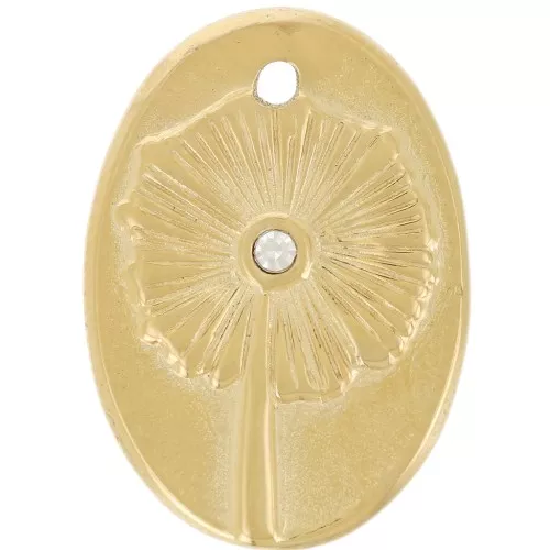 Colgante oval 20x14 mm - motivo flor con strass - Acero inoxidable 316L Dorado x1