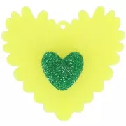 Colgante acrílico corazón en relieve 37x39 mm - Amarillo fluorescente - Purpurina verde x1