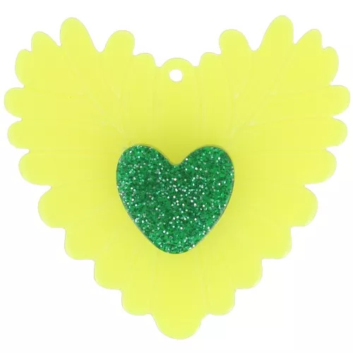 Colgante acrílico corazón en relieve 37x39 mm - Amarillo fluorescente - Purpurina verde x1