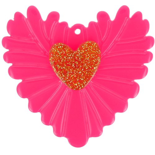 Colgante acrílico corazón en relieve 37x39 mm - Rosa fluorescente - Dorado purpurina x1