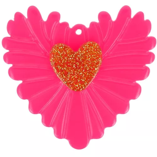 Colgante acrílico corazón en relieve 37x39 mm - Rosa fluorescente - Dorado purpurina x1