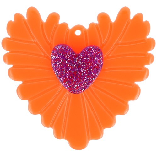 Colgante acrílico corazón en relieve 37x39 mm - Naranja fluorescente - Purpurina violeta