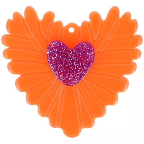 Colgante acrílico corazón en relieve 37x39 mm - Naranja fluorescente - Purpurina violeta