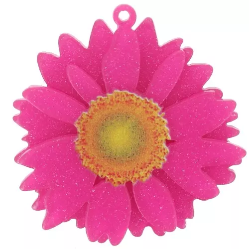 Colgante flor margarita acrílico 3D 41 mm - purpurina fucsia x1