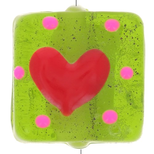 Cuenta de cristal cuadrada 15x15 mm - Corazón - Verde oliva - Rojo x1