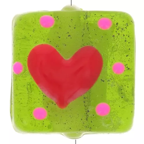 Cuenta de cristal cuadrada 15x15 mm - Corazón - Verde oliva - Rojo x1