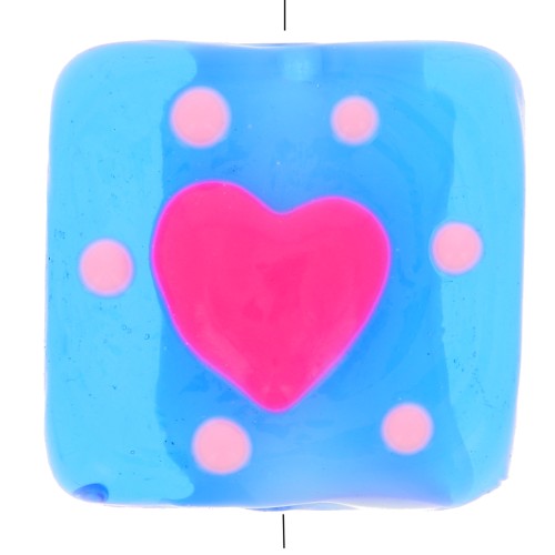 Cuenta de cristal cuadrada 15x15 mm - Corazón - Azul - Rosa x1