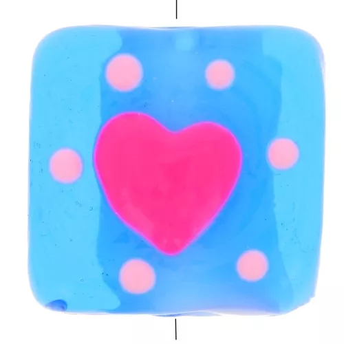 Cuenta de cristal cuadrada 15x15 mm - Corazón - Azul - Rosa x1