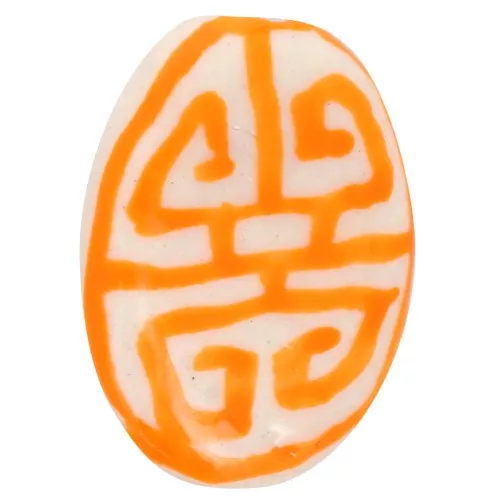 Cuenta de cerámica ovalada plana 19x14 mm - motivo azteca - Blanco - Naranja x1