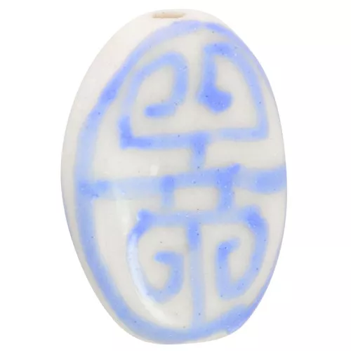 Cuenta de cerámica ovalada plana 19x14 mm - motivo azteca - Blanco - Azul x1