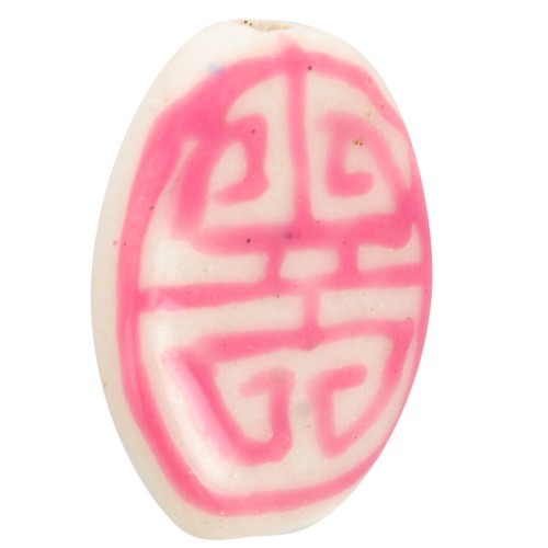 Cuenta de cerámica ovalada plana 19x14 mm - motivo azteca - Blanco - Rosa x1