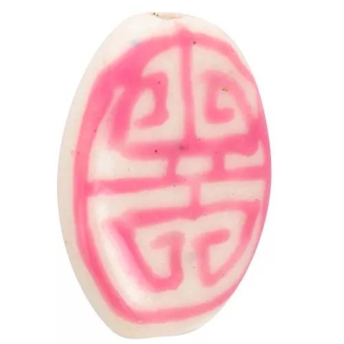 Cuenta de cerámica ovalada plana 19x14 mm - motivo azteca - Blanco - Rosa x1