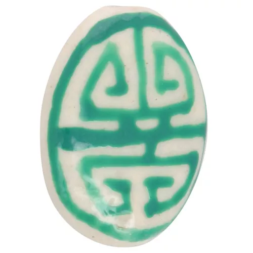 Cuenta de cerámica ovalada plana 19x14 mm - motivo azteca - Blanco - Verde x1