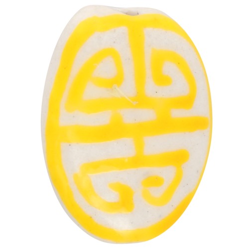 Cuenta de cerámica ovalada plana 19x14 mm - motivo azteca - Blanco - Amarillo x1