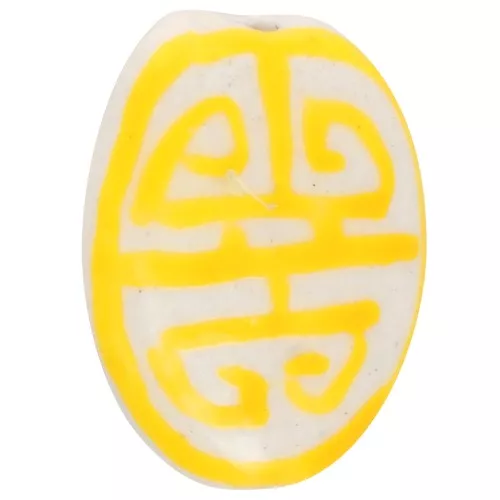 Cuenta de cerámica ovalada plana 19x14 mm - motivo azteca - Blanco - Amarillo x1