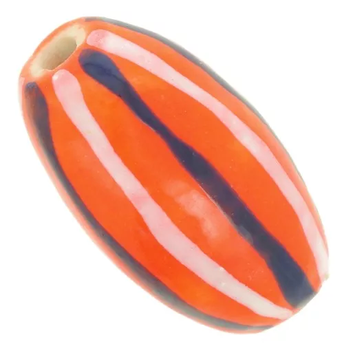 Cuenta con forma de oliva de cerámica 17,5x9 mm - Motivo de rayas - Naranja - Blanco - Azul x1