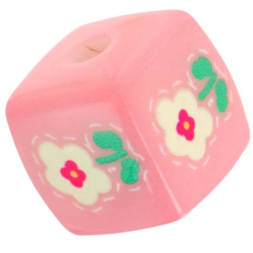 Cuenta cubo acrílico 14 mm - Motivo flor - Rosa claro - Blanco x1