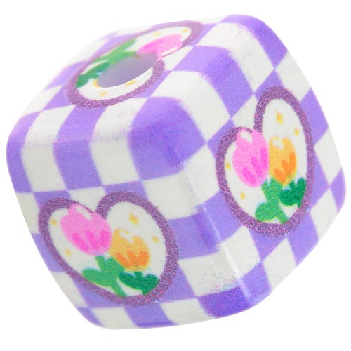 Cuenta cubo acrílico 14 mm - motivo cuadros y flores - Violeta - Blanco x1